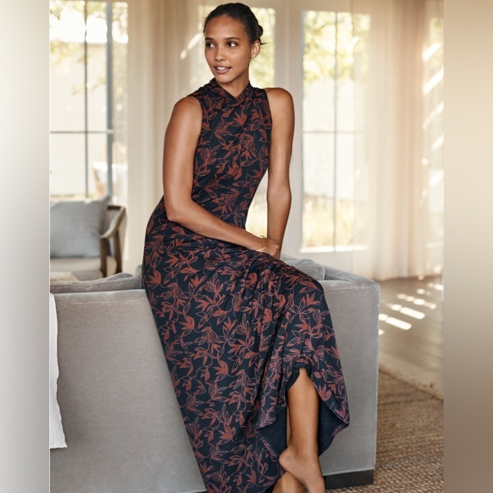 Garnet Hill Mock-Neck Knit Maxi Dress Floral Sleeveless Stretch M